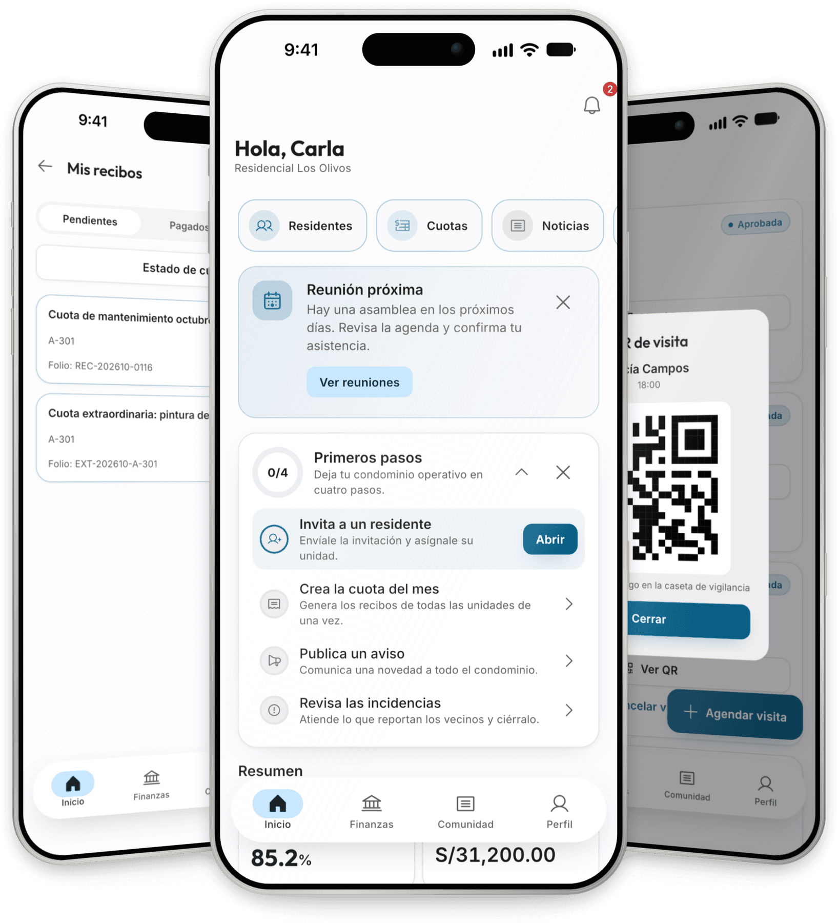 Pantallas reales de MiCondominio: inicio de la administración, recibos y visita con QR