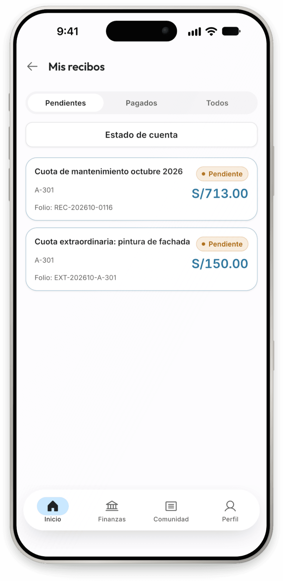 Tus recibos al día: Cuotas pendientes y pagadas en un solo lugar.